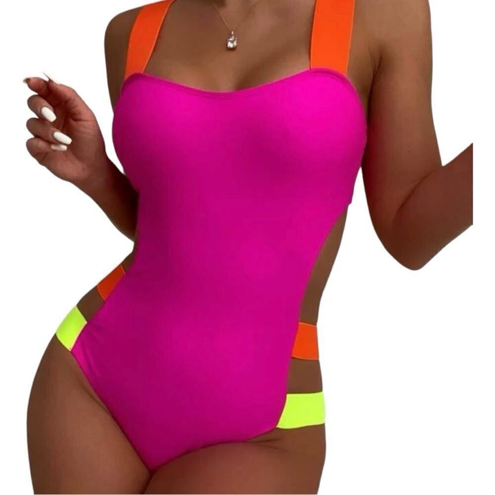 SHEIN Hot Pink Color Block Cut Out Neon One Piece Swimsuit